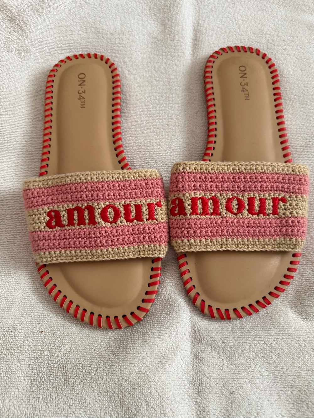 ON34th 'Amour' Crochet Slide Sandals in Pink and Beige